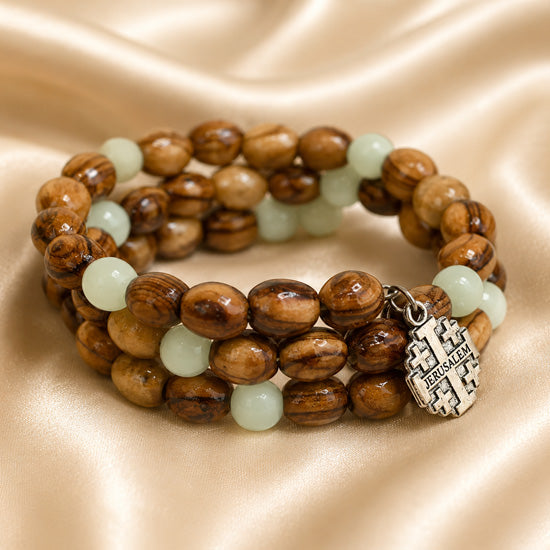 Handcrafted Jerusalem Cross Olive Wood Bracelet with Green Crystal