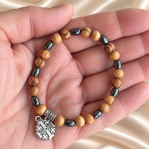 Jerusalem Cross Bracelet with Olive Wood & Hematite