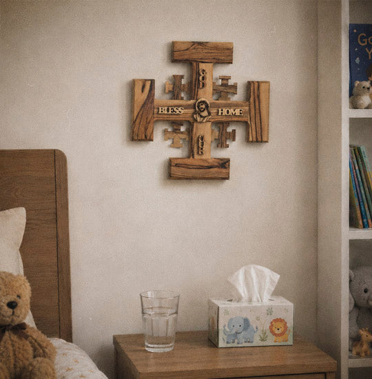 Wooden Jerusalem cross on a wall in kid's bedroom