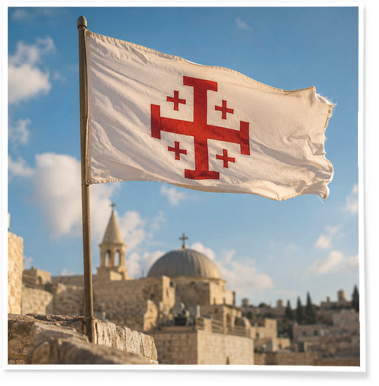 Red and white Jerusalem Cross flag on Old City Jersualem background
