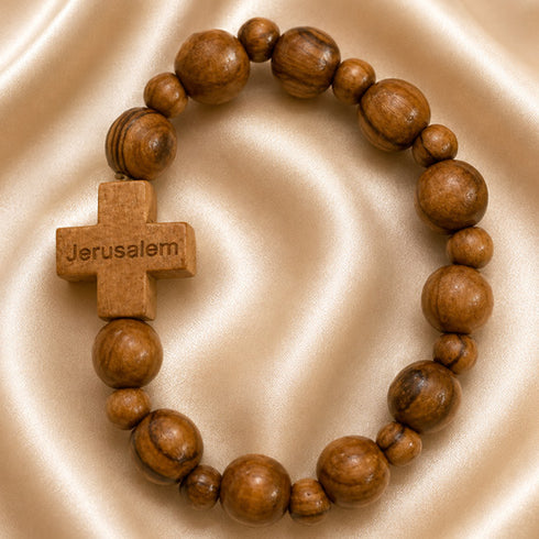 Jerusalem Olive Wood Stretch Bracelet with Wooden Cross