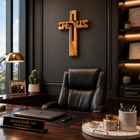 Professional office with a leather chair, desk, and wooden cross on the wall.