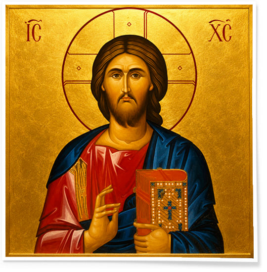 Icon of a Jesus holding a book on a gold background