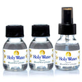 Three small vials of 60ml of Holy Water from the Jordan River, including one with a sprinkler, displayed on a white background.