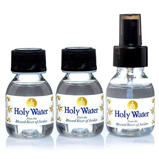 Three small vials of 60ml of Holy Water from the Jordan River, including one with a sprinkler, displayed on a white background.