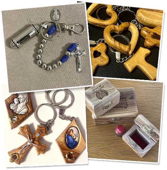Collage of four different images of Christian keychains made from olive wood and metal, each featuring unique religious designs and symbols, displayed on a white background.