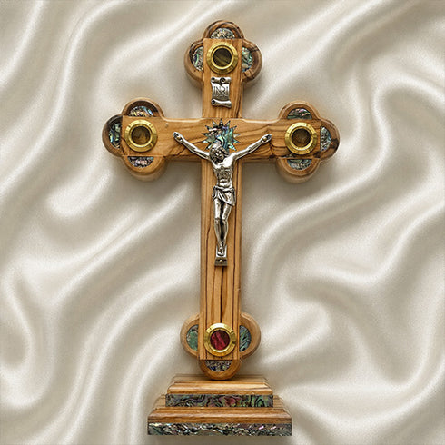 Roman Catholic Mother-of-Pearl Budded Crucifix with Four Holy Elements