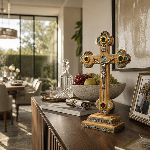 Roman Catholic Mother-of-Pearl Budded Crucifix with Four Holy Elements