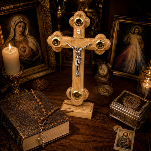 Wooden cross with Jesus Christ figure on a table with books, candles, and religious images.