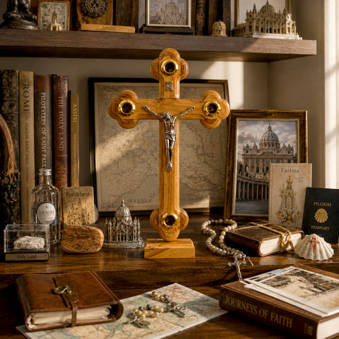 Wooden crucifix on a shelf with books, maps, and religious items.
