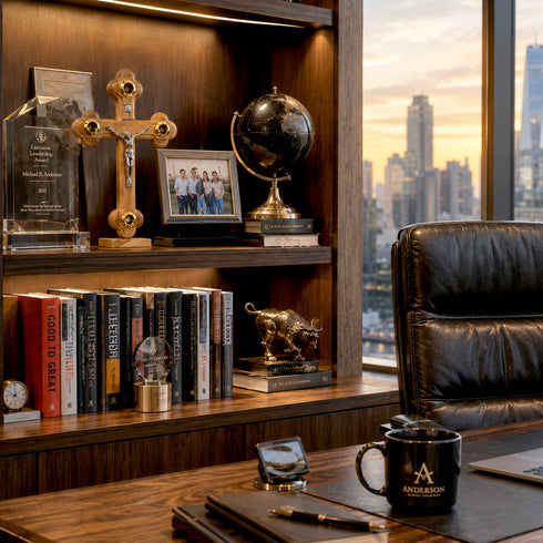 Modern office desk with cross on a bookshelf witrh pictures, mug, and cityscape view