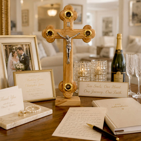 Wooden cross with Jesus figure on a table with wedding photos, champagne, and glasses.