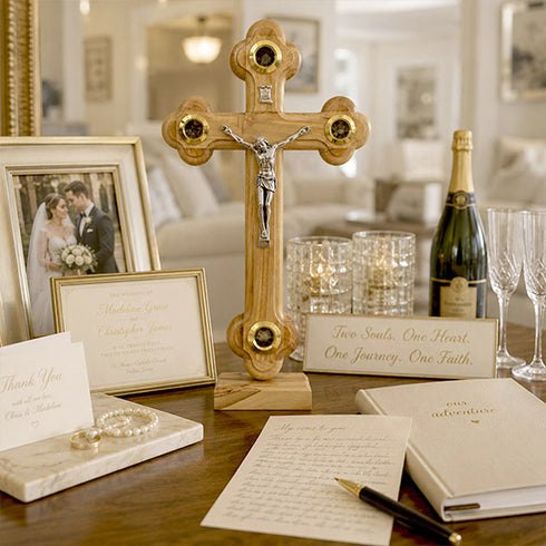 Wooden cross with Jesus figure on a table with wedding photos, champagne, and glasses.
