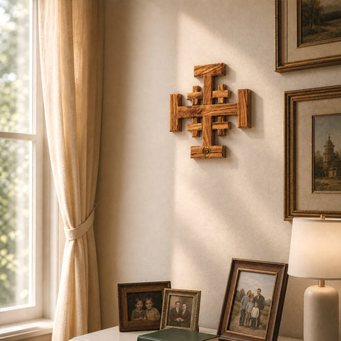 Wooden cross on a wall with framed family photos and a lamp in a room with a window and curtains.