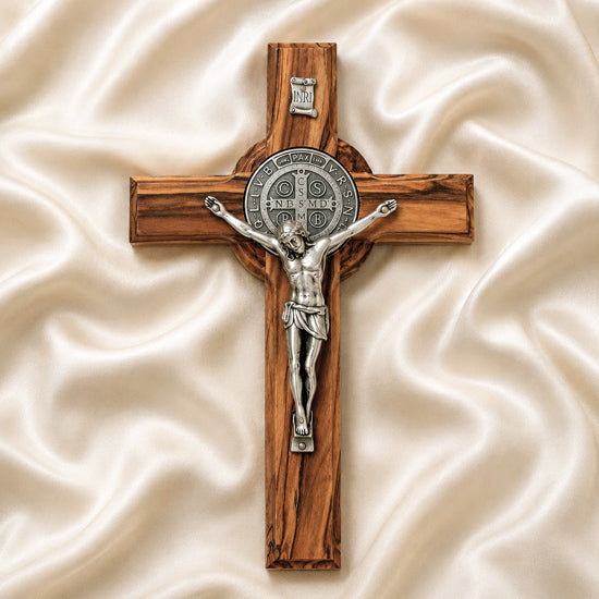Large Saint Benedict Olive Wood Crucifix from the Holy Land