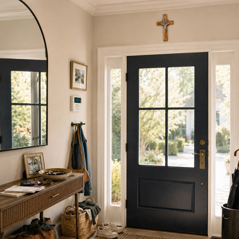 Entryway with a dark wooden door, coat rack, and mirror.