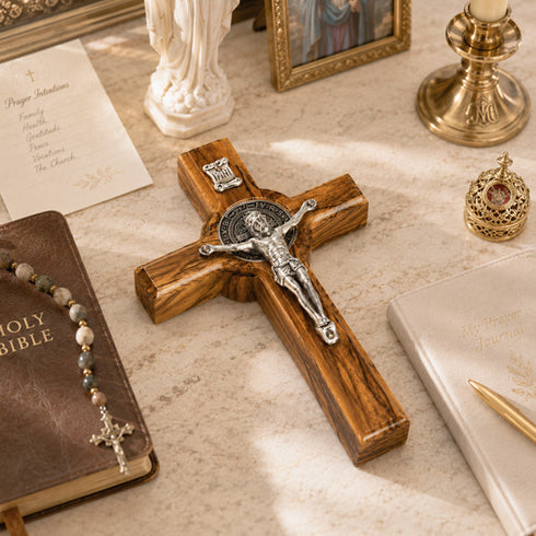 Wooden cross with silver Jesus figure on a marble surface with religious items.