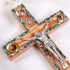 Latin standing cross with crucifix, mother of pearl inlay and Four Elements, laid on white background.