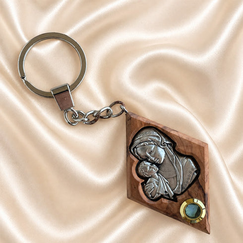 Olive Wood Madonna & Child Keychain with Holy Land Olive Leaf