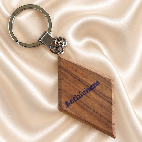Olive Wood Madonna & Child Keychain with Holy Land Olive Leaf