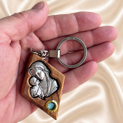 Olive Wood Madonna & Child Keychain with Holy Land Olive Leaf