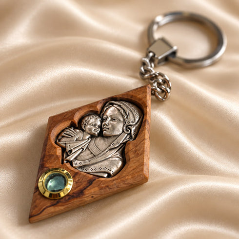 Olive Wood Madonna & Child Keychain with Holy Land Olive Leaf