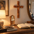 Madonna and Child olive wood plaque displayed near a home altar with warm devotional decor