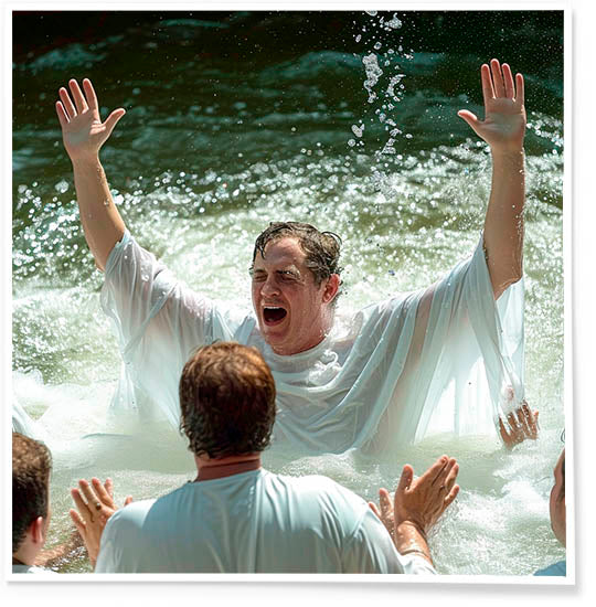 Man dressed in white with hands in the air, being happily baptised at the Jordan River.
