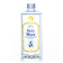A clear bottle of Holy Water with a metal cap and a label featuring gold, blue and black text.