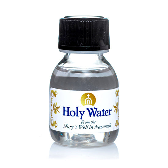 A small vial of Holy Water from the Mary's Well in Nazareth, displayed on a white background.
