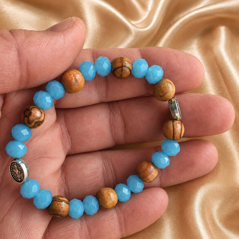 Miraculous Medal Olive Wood Bracelet with Turquoise Crystal