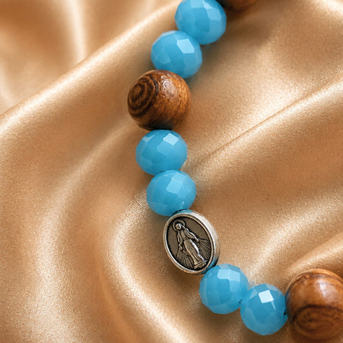 Miraculous Medal Olive Wood Bracelet with Turquoise Crystal