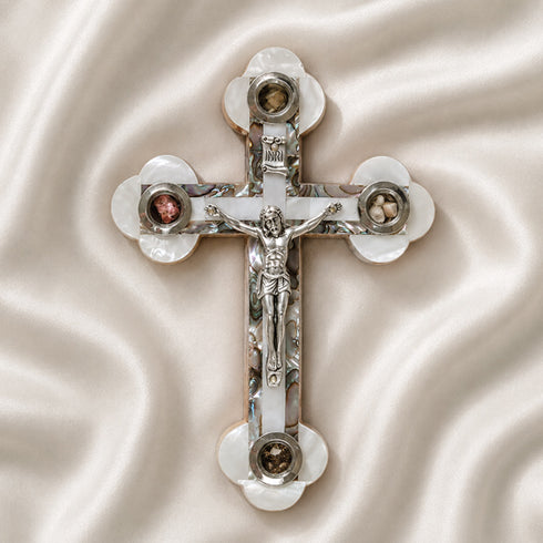 Budded crucifix made olive wood, with white mother of pearl and the Four sacred elements.