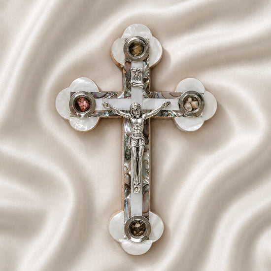 Budded crucifix made olive wood, with white mother of pearl and the Four sacred elements.