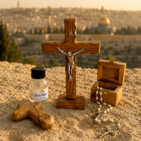 Wooden baptism gift set: cross, Holy Water bottle, rosary beads, wooden box