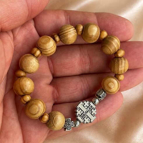 Olive Wood Stretch Bracelet with Jerusalem Cross