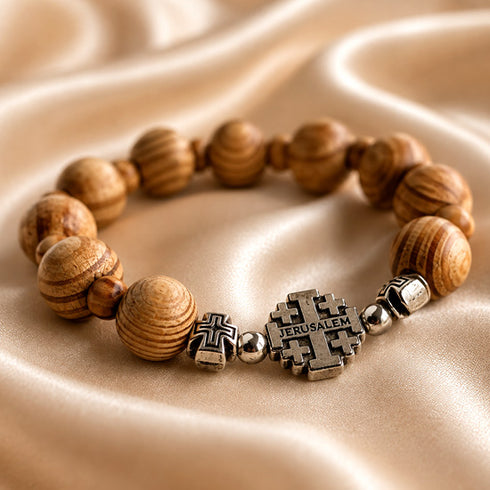 Olive Wood Stretch Bracelet with Jerusalem Cross