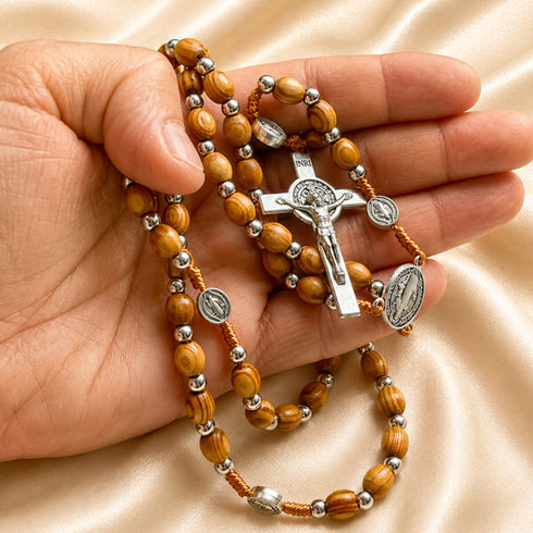Olive Wood Rosary with St. Benedict Medal Beads