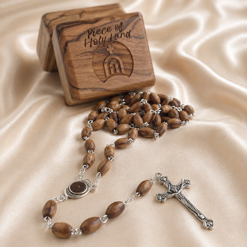 Olive Wood Rosary with Holy Soil & Piece of Holy Land Box