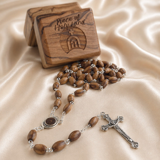 Olive Wood Rosary with Holy Soil & Piece of Holy Land Box
