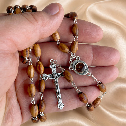 Olive Wood Rosary with Holy Soil & Piece of Holy Land Box