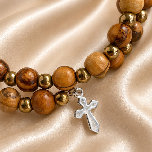 Olive Wood Wrap Bracelet with Bronze-Tone Beads & Cross