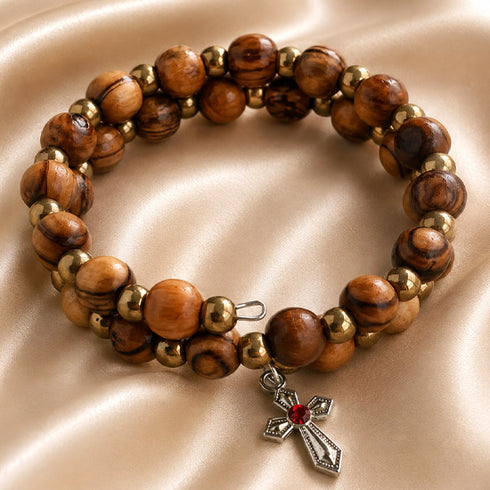 Olive Wood Wrap Bracelet with Bronze-Tone Beads & Cross