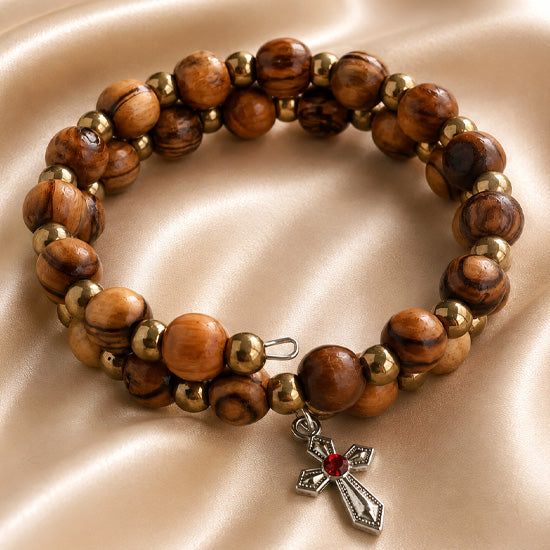 Olive Wood Wrap Bracelet with Bronze-Tone Beads & Cross