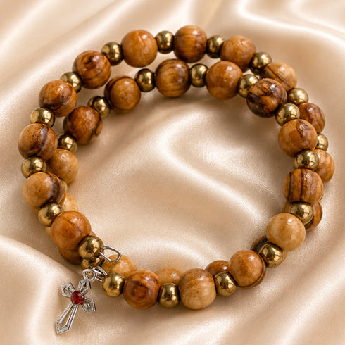 Olive Wood Wrap Bracelet with Bronze-Tone Beads & Cross