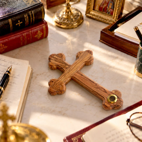 Olive wood budded cross with Jerusalem holy soil, product view 10