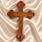 Olive wood budded cross with Jerusalem holy soil and natural wood grain