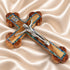 Detailed olive wood budded crucifix with abalone Stations of the Cross inlay
