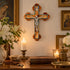Olive wood crucifix with budded ends, abalone inlay and Stations of the Cross