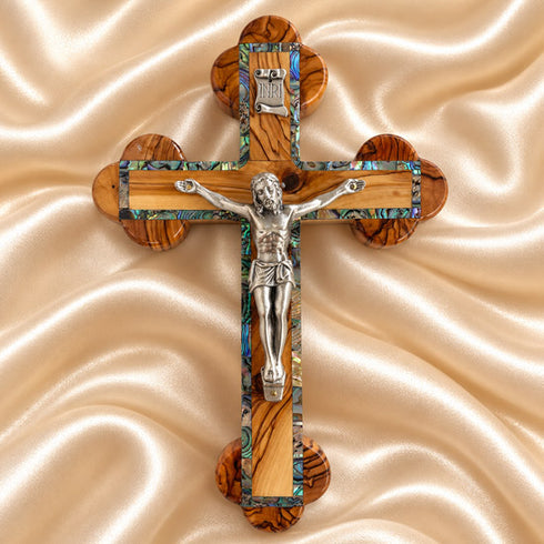 Olive wood budded crucifix with abalone inlay and Stations of the Cross
